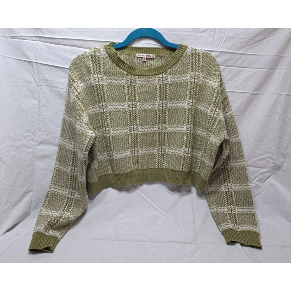 Bailey Rose Women’s S Knit Green & White Plaid Crew Neck Long Sleeve Pullover